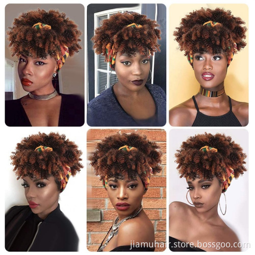 Short Blonde Black Kinky Curly Headband Wig Synthetic Turban Wrap-wig Afro Puff Drawstring Headwrap With Bangs